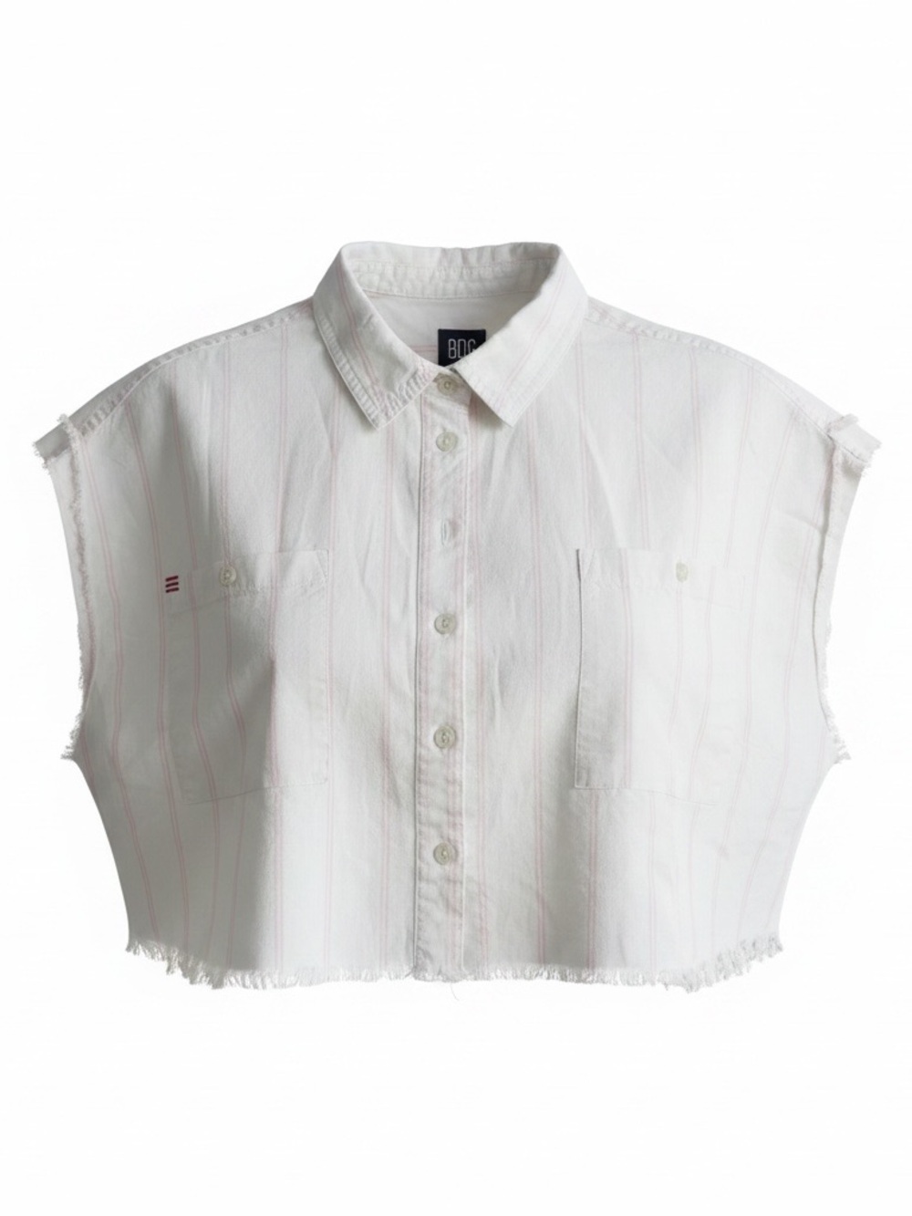 BDG White Short-Sleeve Cropped Button-Up with Pink Pinstripes